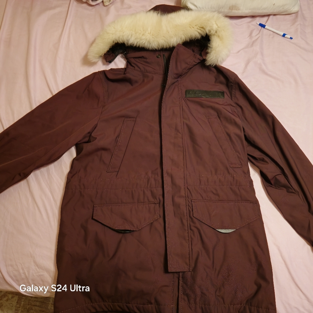 Men's Burgundy Parka with Faux Fur Trim